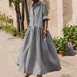 Women Loose Plaid Long Sleeve Shirt Maxi Dress Retro Casual Button Down Pleated Swing A-line Big Hem Long Dress