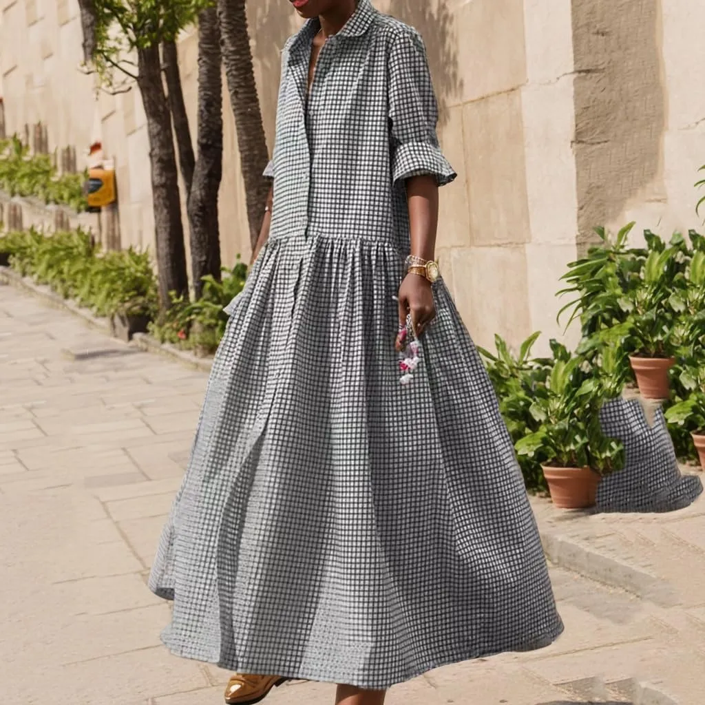 Women Loose Plaid Long Sleeve Shirt Maxi Dress Retro Casual Button Down Pleated Swing A-line Big Hem Long Dress