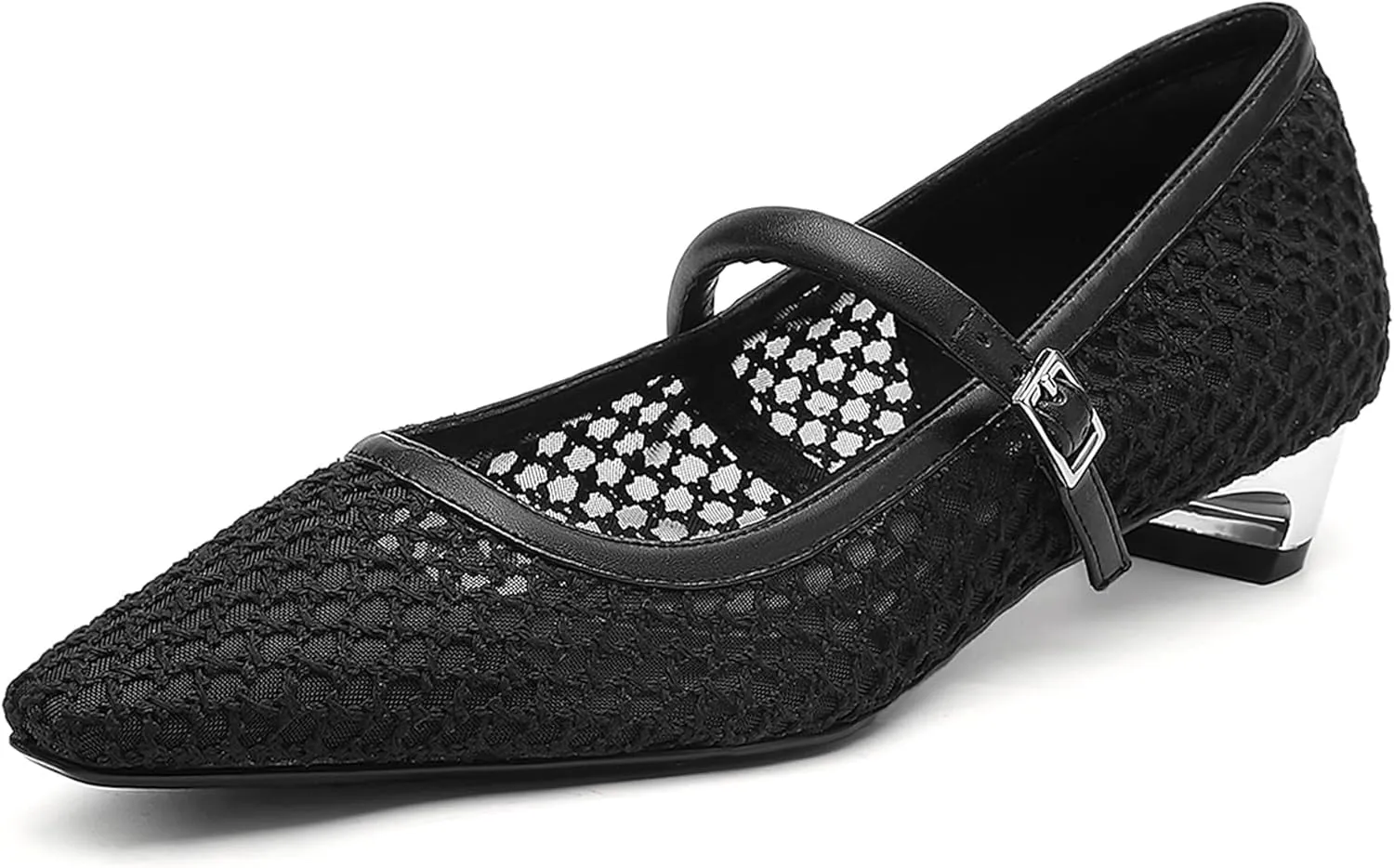 Women Mesh Ballet Flats Chunky Low Heel Buckle Strap Dressy Casual Shoes