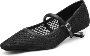Women Mesh Ballet Flats Chunky Low Heel Buckle Strap Dressy Casual Shoes