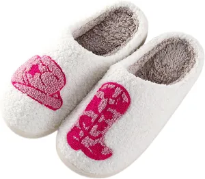 Women Retro Cowgirl Cowboy Boots Slippers Plush Embroidered Cowgirl Hat Slippers Winter Cozy Warm House Shoes Indoor Outdoor