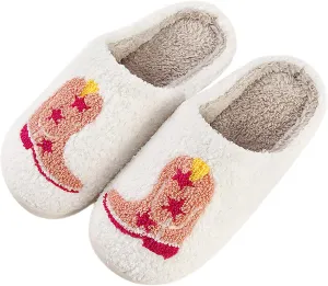 Women Retro Cowgirl Cowboy Boots Slippers Plush Embroidered Cowgirl Hat Slippers Winter Cozy Warm House Shoes Indoor Outdoor