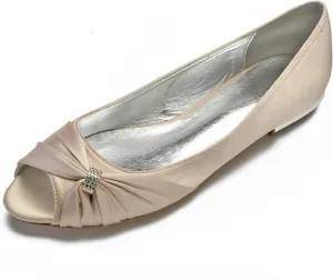 Women Satin Rhinestones Wedding Flats for Bride Prom Evening Party Dress Shoes Evening Party Wedding Dress Closed Party Low Shoes