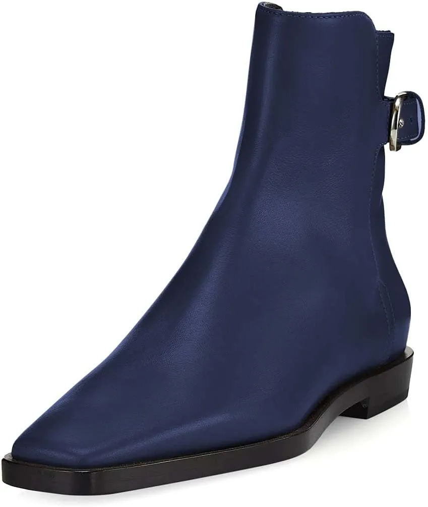 Women Square Closed Toe Flats Ankle Boot Strap Buckle Low Heel Short Booties Office Business Formal Shoe Size 4-16 US