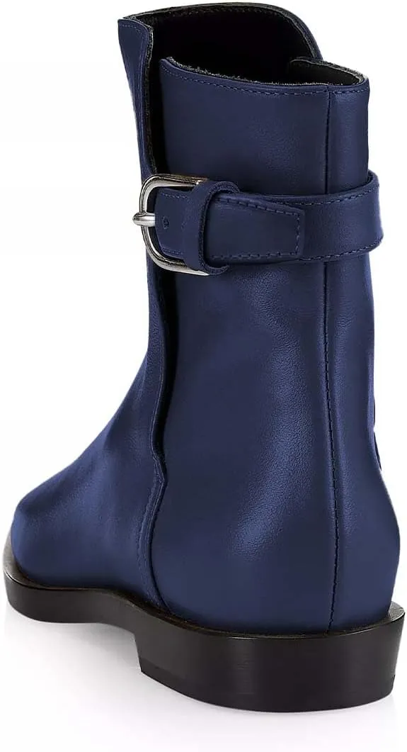 Women Square Closed Toe Flats Ankle Boot Strap Buckle Low Heel Short Booties Office Business Formal Shoe Size 4-16 US