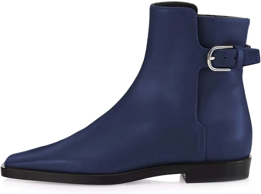 Women Square Closed Toe Flats Ankle Boot Strap Buckle Low Heel Short Booties Office Business Formal Shoe Size 4-16 US