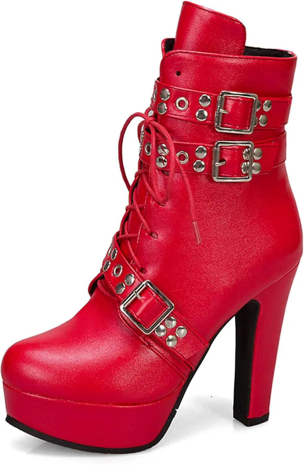 Women Studded Belt Buckle Chunky High Heel Ankle Boots Sexy Round Toe Lace-up Punk Combat Warm Platform Gothic Knight Mid Calf Booties