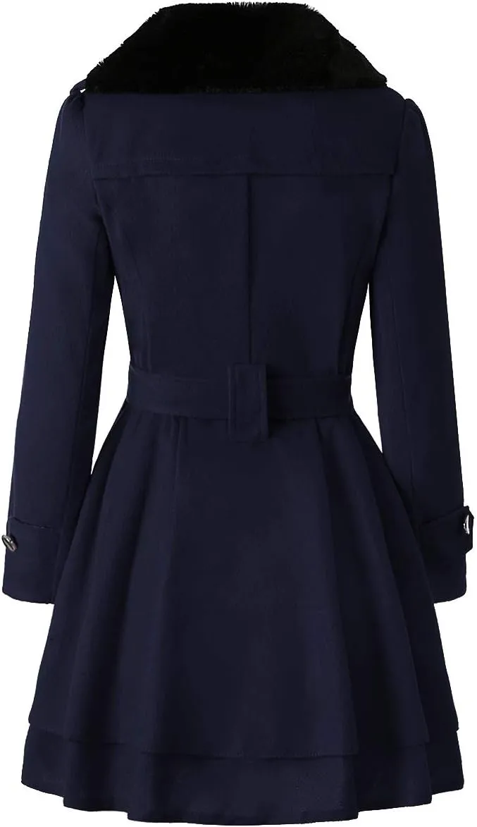 Women Winter Warm Coat Double Breasted Trench Long Sleeve Peacoat Faux Fur Collar Lapel Flared Hem Belted Jacket