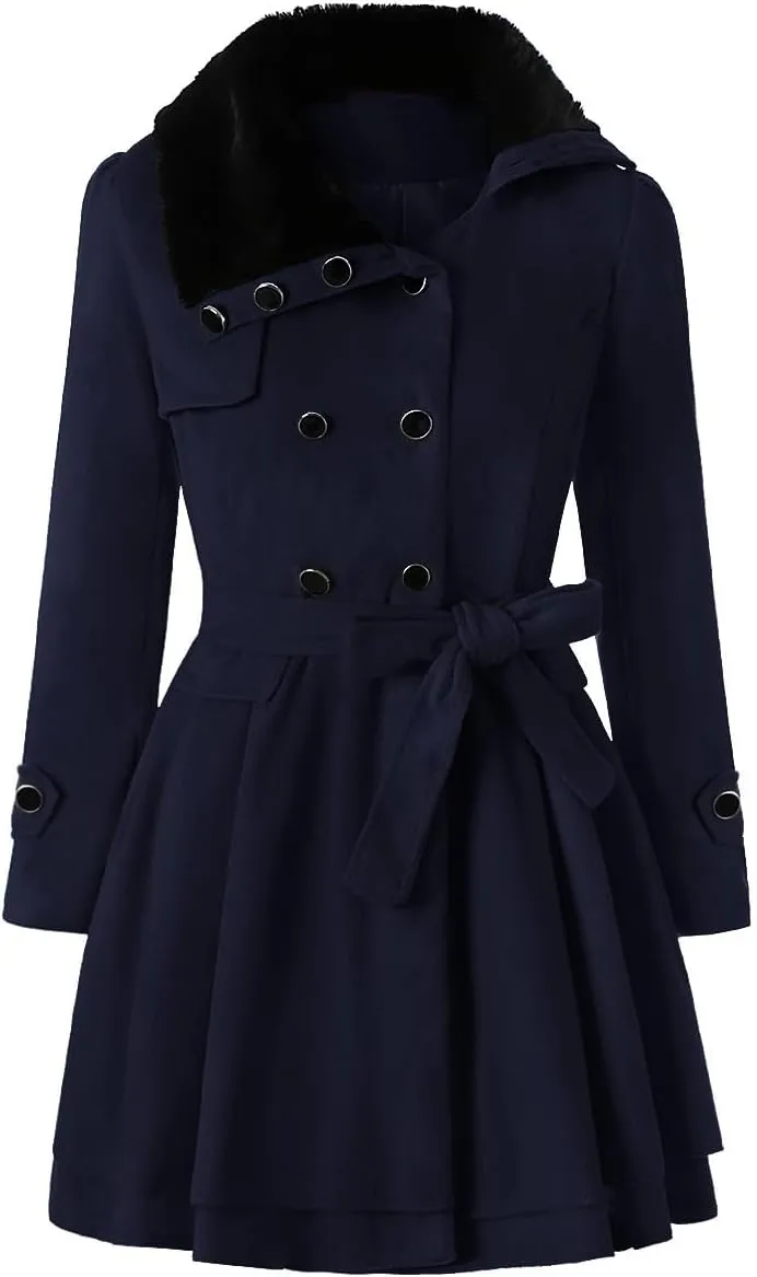 Women Winter Warm Coat Double Breasted Trench Long Sleeve Peacoat Faux Fur Collar Lapel Flared Hem Belted Jacket