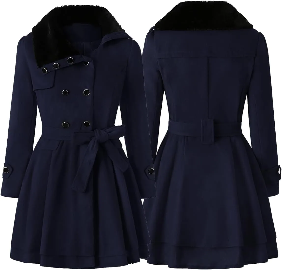 Women Winter Warm Coat Double Breasted Trench Long Sleeve Peacoat Faux Fur Collar Lapel Flared Hem Belted Jacket