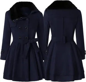Women Winter Warm Coat Double Breasted Trench Long Sleeve Peacoat Faux Fur Collar Lapel Flared Hem Belted Jacket