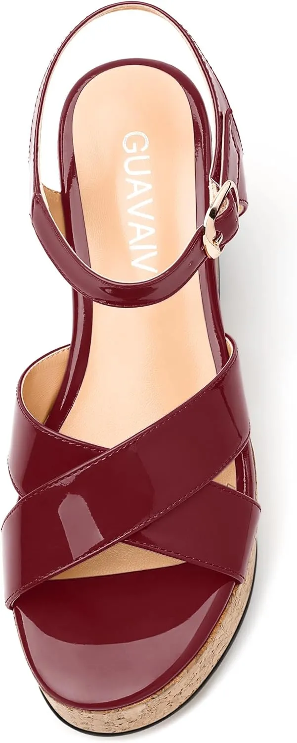 Women's 3-Inch Chunky Wedge Sandals - Open Round Toe Platform with Adjustable Ankle Strap, Solid Color Heels for Work, Party & Date Nights