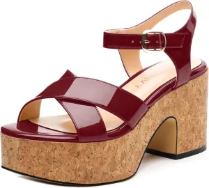 Women's 3-Inch Chunky Wedge Sandals - Open Round Toe Platform with Adjustable Ankle Strap, Solid Color Heels for Work, Party & Date Nights