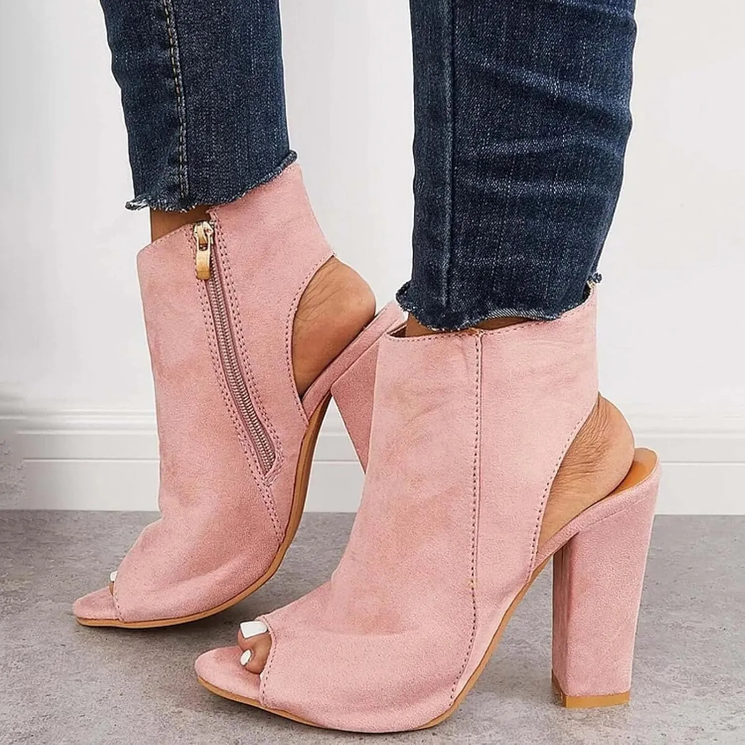 Womens Ankle Boots Dressy Open Toe High Heel Boots for Women Side Zipper Casual Trendy Outdoor Women Boots