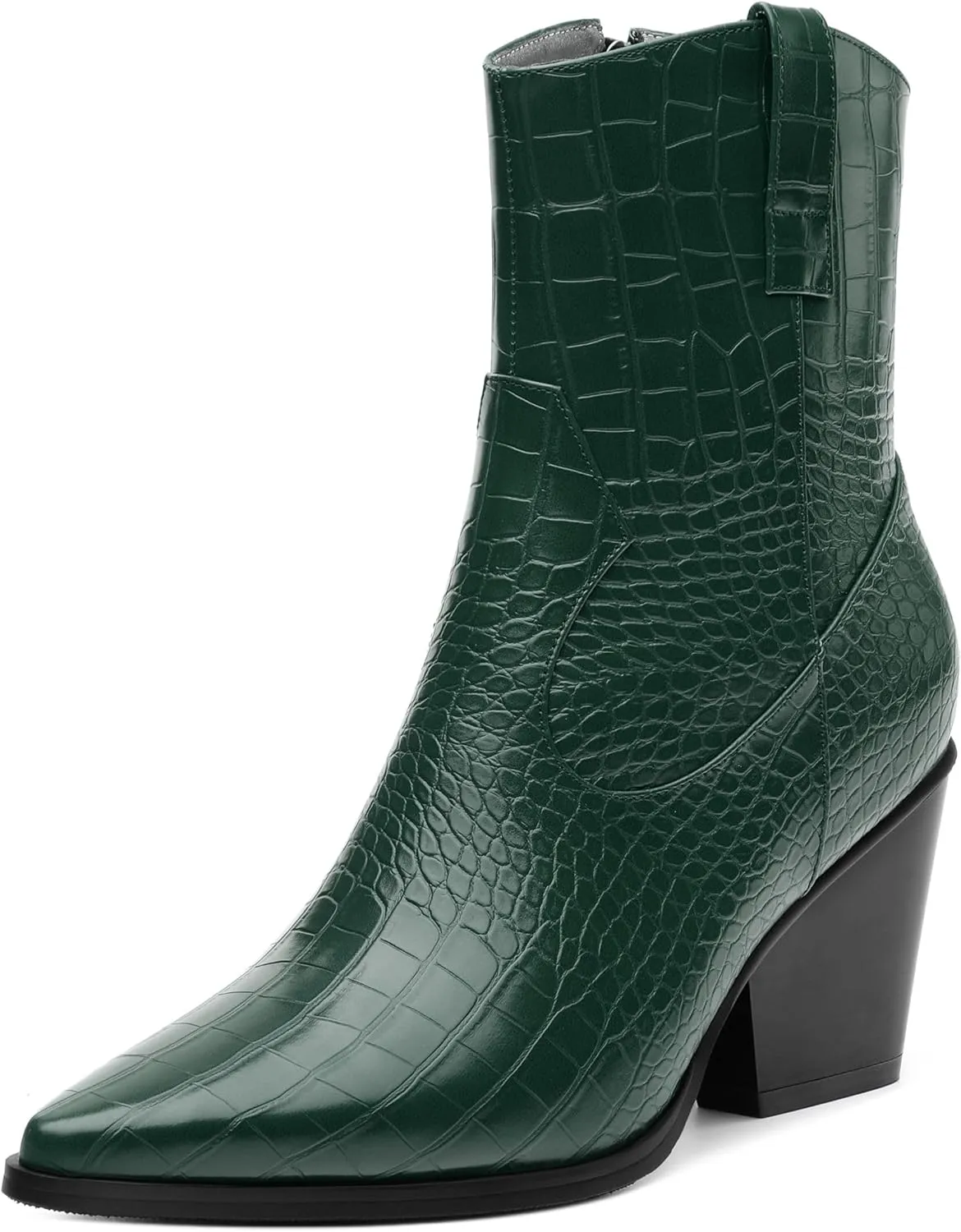 Womens Ankle Boots, Women Western Mid Calf Cowboy Boots Chunky Heel Side Zipper Pointed Toe Crocodile Cowgirl Short Boots Fall Winter Fashion Vintage Casual Dress Boots