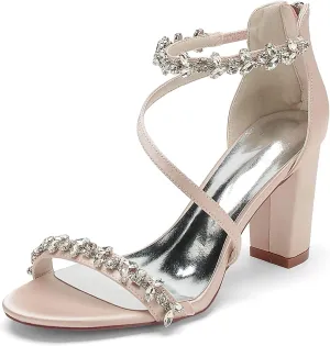 Women's Block Chunky High Heels Open Toe Crystal Wedding Pumps Ankle Strap Evening Prom Dance Party Dress Pump Sandals Shoes