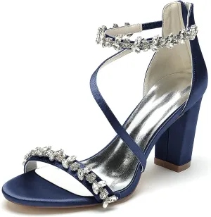 Women's Block Chunky High Heels Open Toe Crystal Wedding Pumps Ankle Strap Evening Prom Dance Party Dress Pump Sandals Shoes