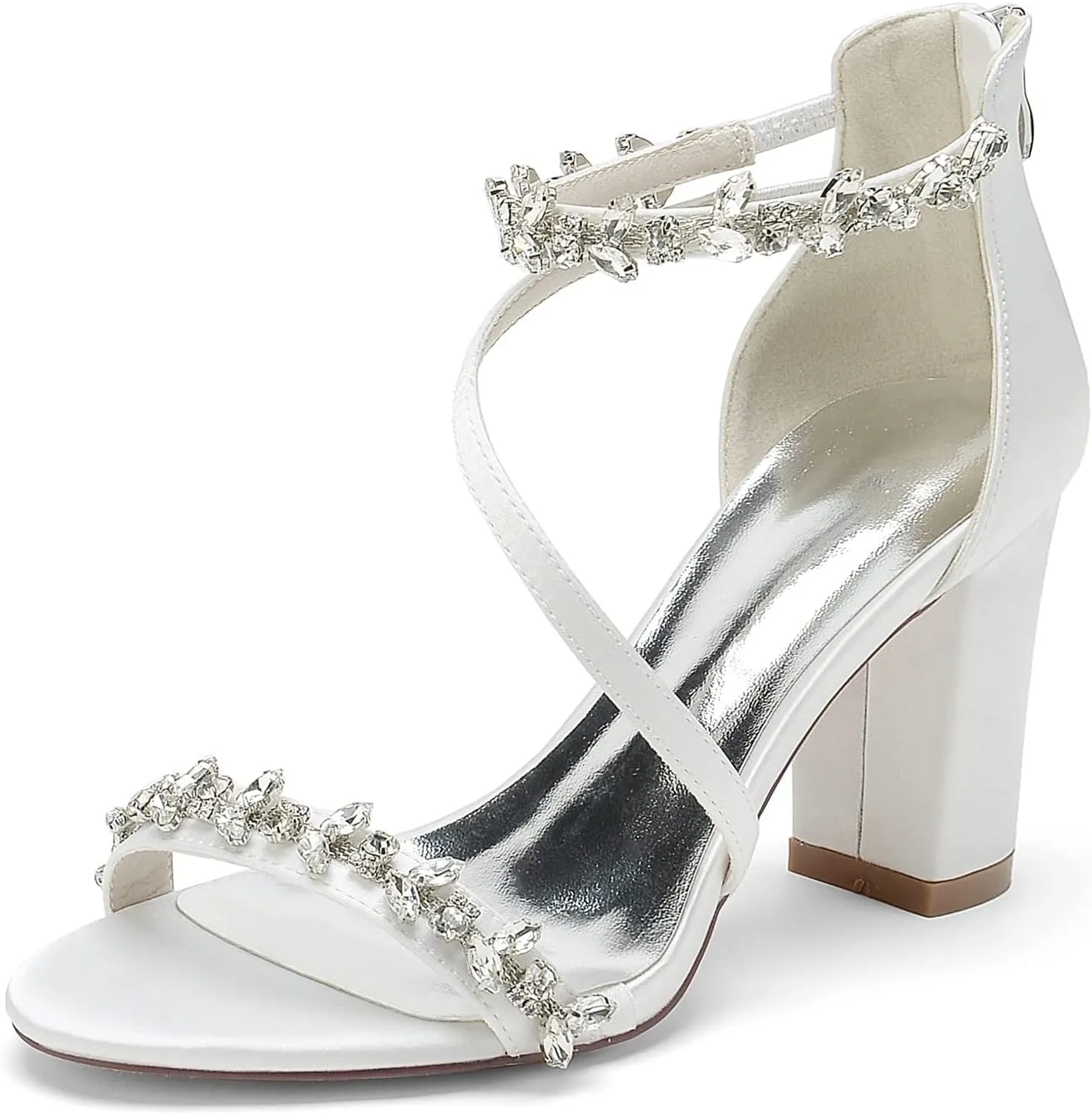 Women's Block Chunky High Heels Open Toe Crystal Wedding Pumps Ankle Strap Evening Prom Dance Party Dress Pump Sandals Shoes
