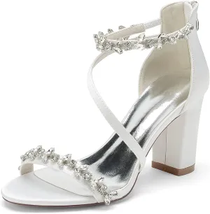 Women's Block Chunky High Heels Open Toe Crystal Wedding Pumps Ankle Strap Evening Prom Dance Party Dress Pump Sandals Shoes