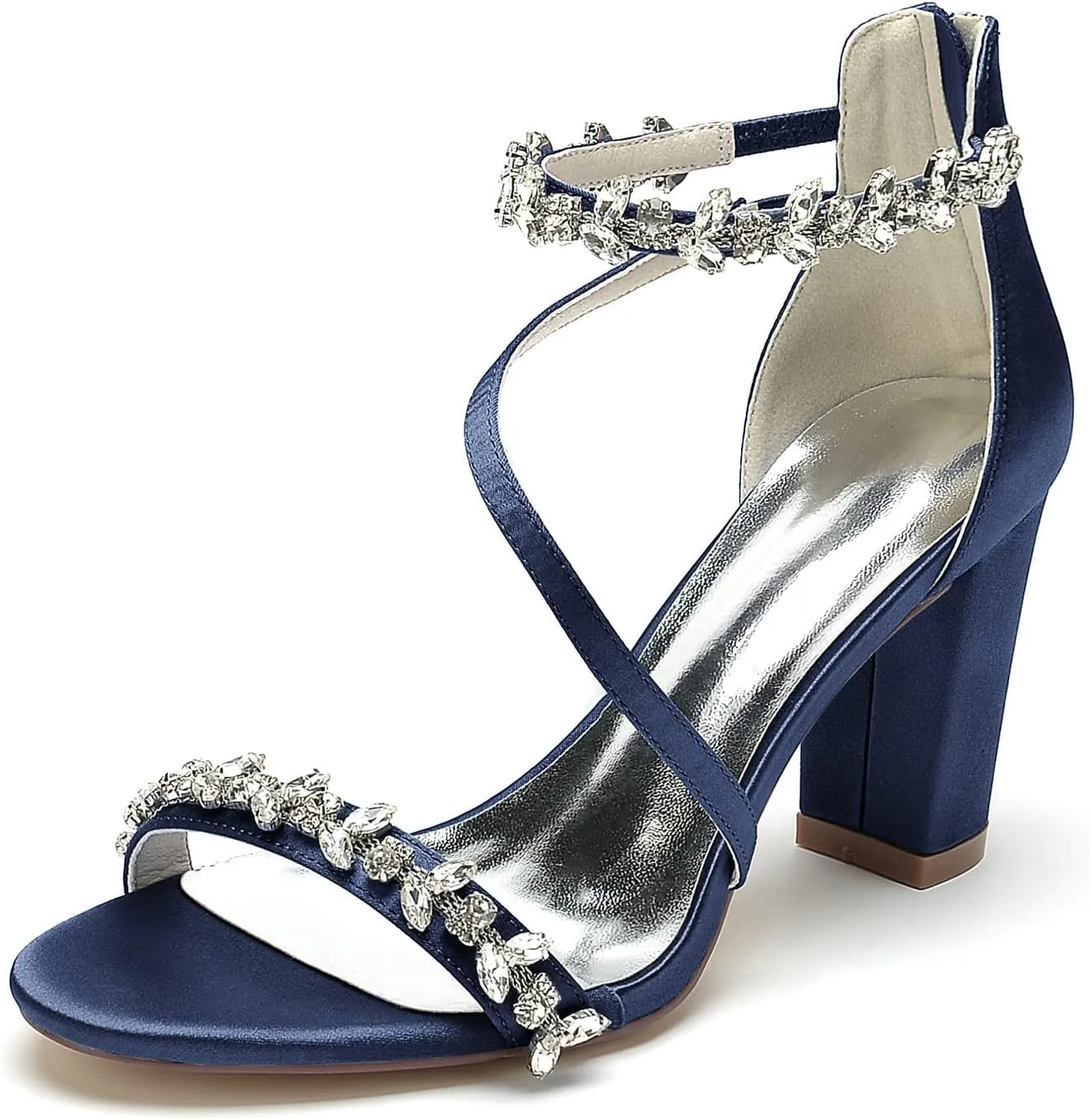 Women's Block Chunky High Heels Open Toe Crystal Wedding Pumps Ankle Strap Evening Prom Dance Party Dress Pump Sandals Shoes