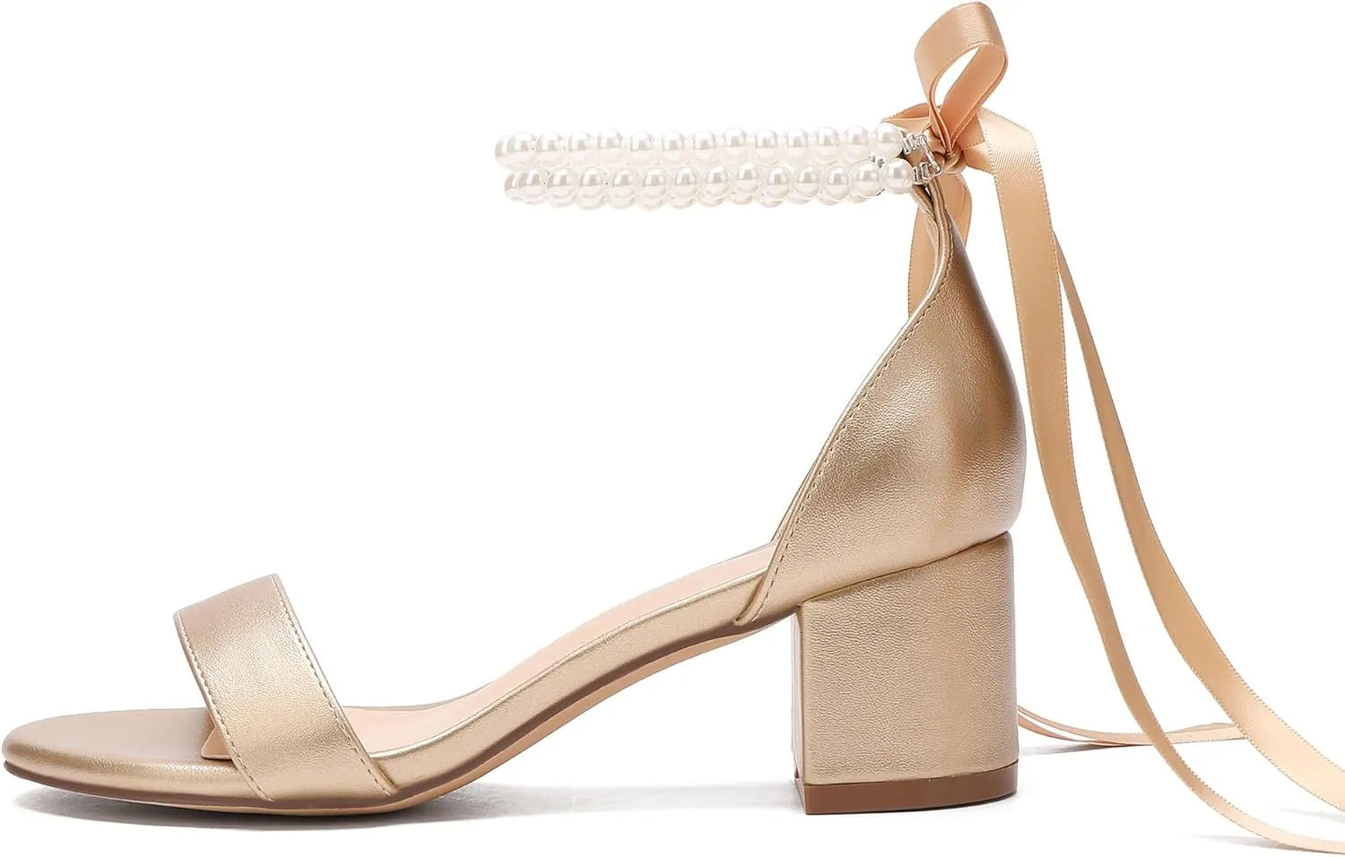 Women's Block Heels Pearl Wedding Shoes for Bride, Open Toe Chunky Low Heel Bridal Shoes