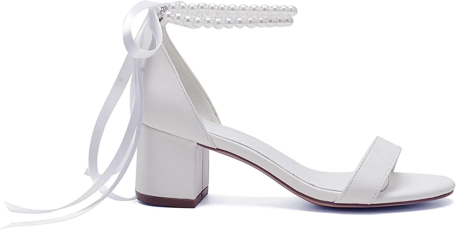 Women's Block Heels Pearl Wedding Shoes for Bride, Open Toe Chunky Low Heel Bridal Shoes