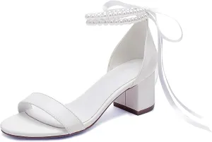 Women's Block Heels Pearl Wedding Shoes for Bride, Open Toe Chunky Low Heel Bridal Shoes