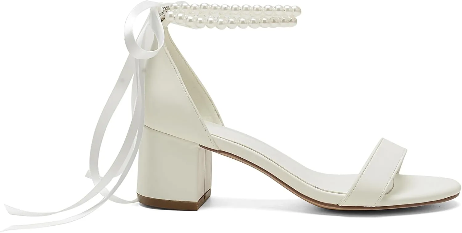 Women's Block Heels Pearl Wedding Shoes for Bride, Open Toe Chunky Low Heel Bridal Shoes