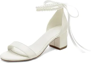 Women's Block Heels Pearl Wedding Shoes for Bride, Open Toe Chunky Low Heel Bridal Shoes