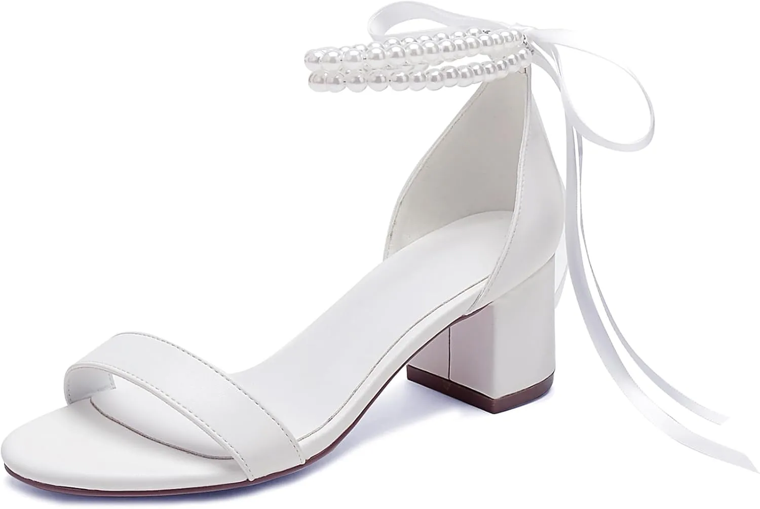 Women's Block Heels Pearl Wedding Shoes for Bride, Open Toe Chunky Low Heel Bridal Shoes