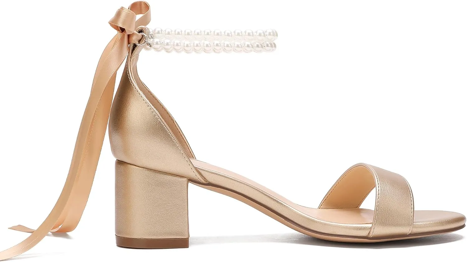 Women's Block Heels Pearl Wedding Shoes for Bride, Open Toe Chunky Low Heel Bridal Shoes