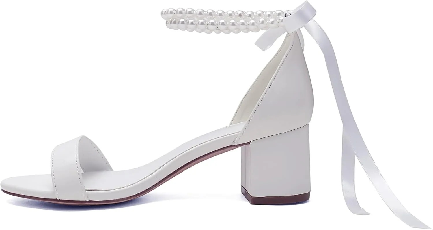 Women's Block Heels Pearl Wedding Shoes for Bride, Open Toe Chunky Low Heel Bridal Shoes