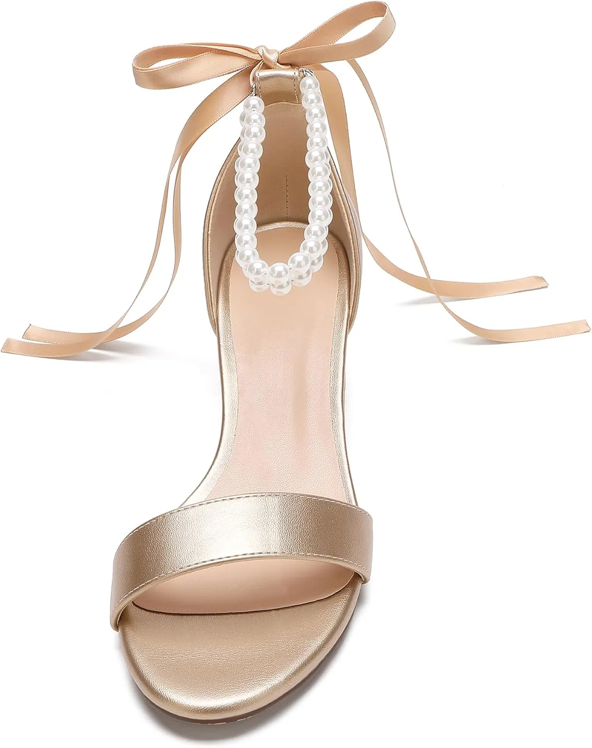 Women's Block Heels Pearl Wedding Shoes for Bride, Open Toe Chunky Low Heel Bridal Shoes