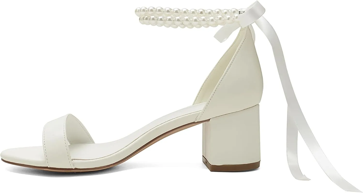Women's Block Heels Pearl Wedding Shoes for Bride, Open Toe Chunky Low Heel Bridal Shoes
