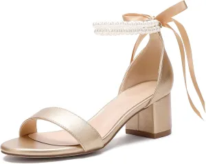 Women's Block Heels Pearl Wedding Shoes for Bride, Open Toe Chunky Low Heel Bridal Shoes