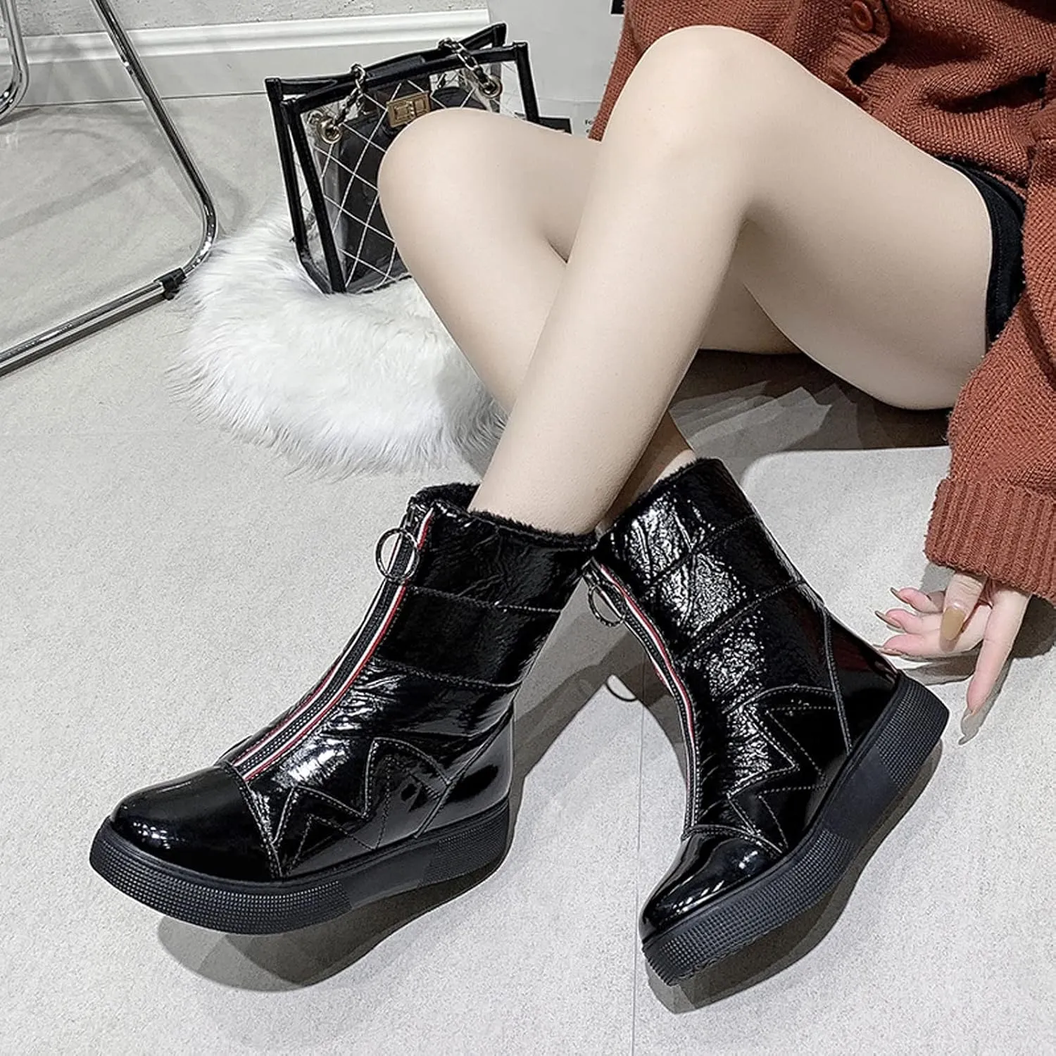 Womens Boots Winter Snow Boots Plush Fur Women Boots Flat Heels Fashion Warm Boots Womens Designer Boots Ankle Zipper Platform Shoes