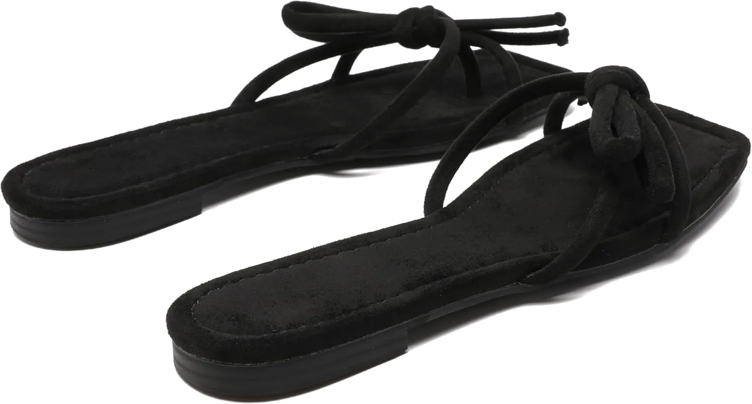 Women's Bow Flat Summer Flip Flop Sandals,Ladies brown Comfortable Square Toe Slide on Slippers Strappy Slides Trendy Dressy Casual Fancy Beach Holiday Outdoor Shoe