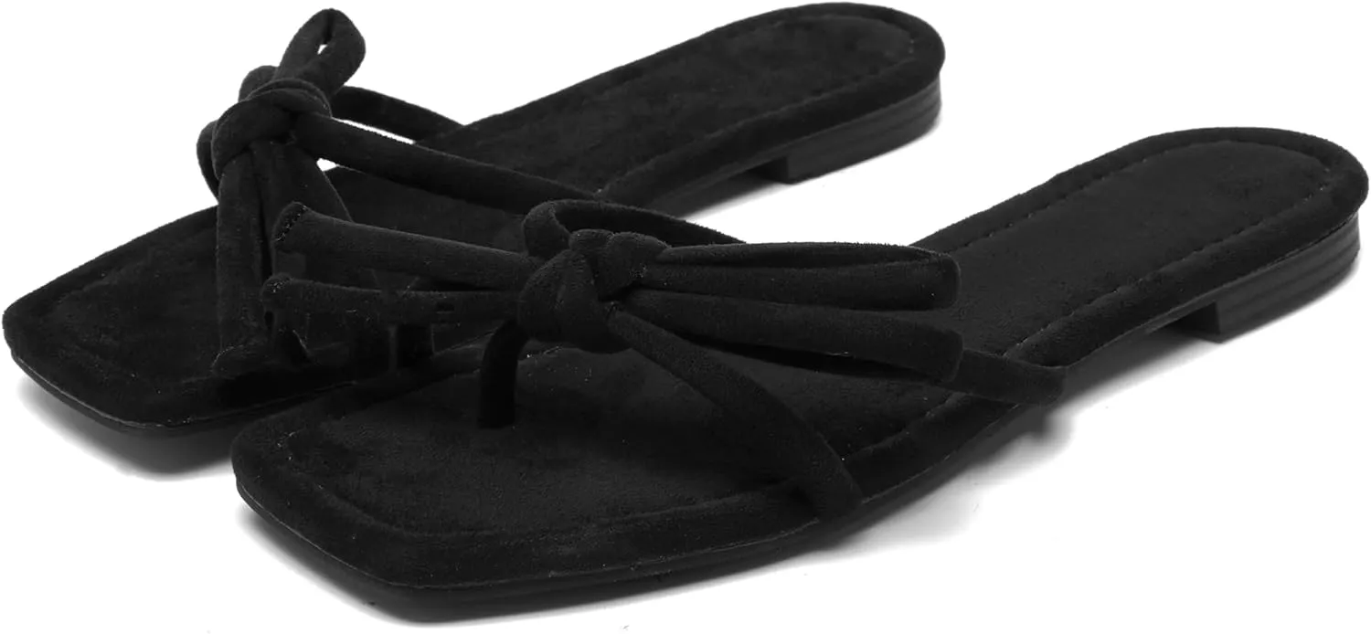 Women's Bow Flat Summer Flip Flop Sandals,Ladies brown Comfortable Square Toe Slide on Slippers Strappy Slides Trendy Dressy Casual Fancy Beach Holiday Outdoor Shoe