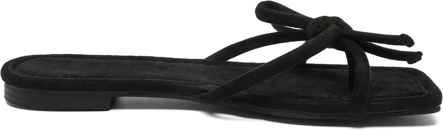 Women's Bow Flat Summer Flip Flop Sandals,Ladies brown Comfortable Square Toe Slide on Slippers Strappy Slides Trendy Dressy Casual Fancy Beach Holiday Outdoor Shoe