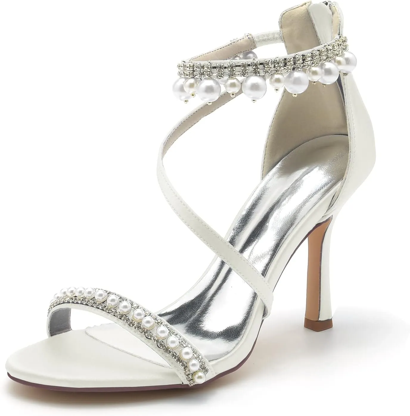 Women's Bridal Shoes Open Toe High Heel Ankle Strap Dress Shoes Casual Formal Wedding Party Pumps Sandals with Pearl