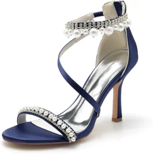 Women's Bridal Shoes Open Toe High Heel Ankle Strap Dress Shoes Casual Formal Wedding Party Pumps Sandals with Pearl
