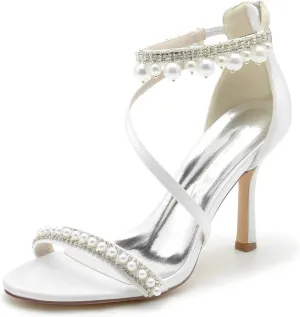 Women's Bridal Shoes Open Toe High Heel Ankle Strap Dress Shoes Casual Formal Wedding Party Pumps Sandals with Pearl