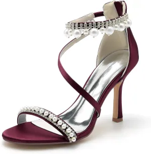 Women's Bridal Shoes Open Toe High Heel Ankle Strap Dress Shoes Casual Formal Wedding Party Pumps Sandals with Pearl