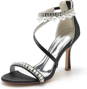 Women's Bridal Shoes Open Toe High Heel Ankle Strap Dress Shoes Casual Formal Wedding Party Pumps Sandals with Pearl
