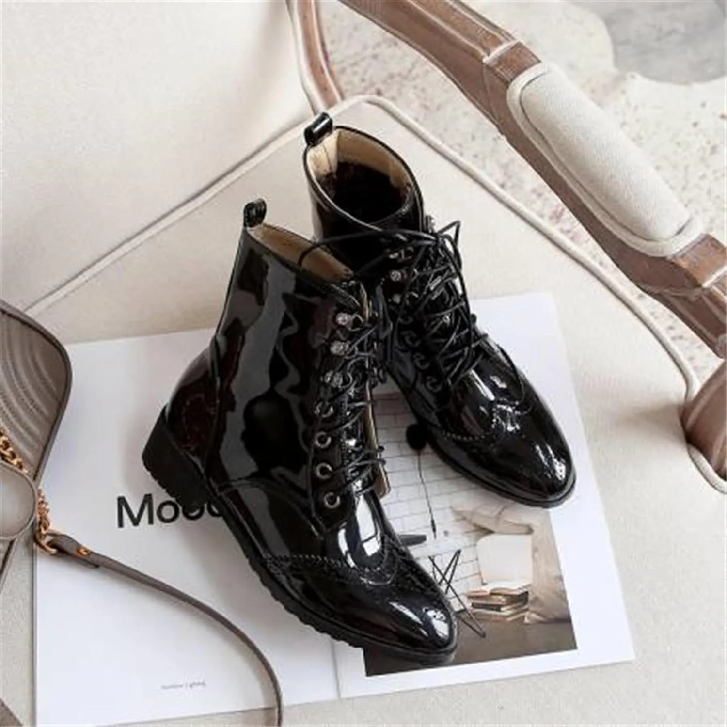 Women's Brogue Combat Ankle High Booties Platform Mid Block Heeled Pointed Toe Formal Lace Up Elegant Business Dress Bridal Church Boots Warm Winter Fall Comfy Shoes
