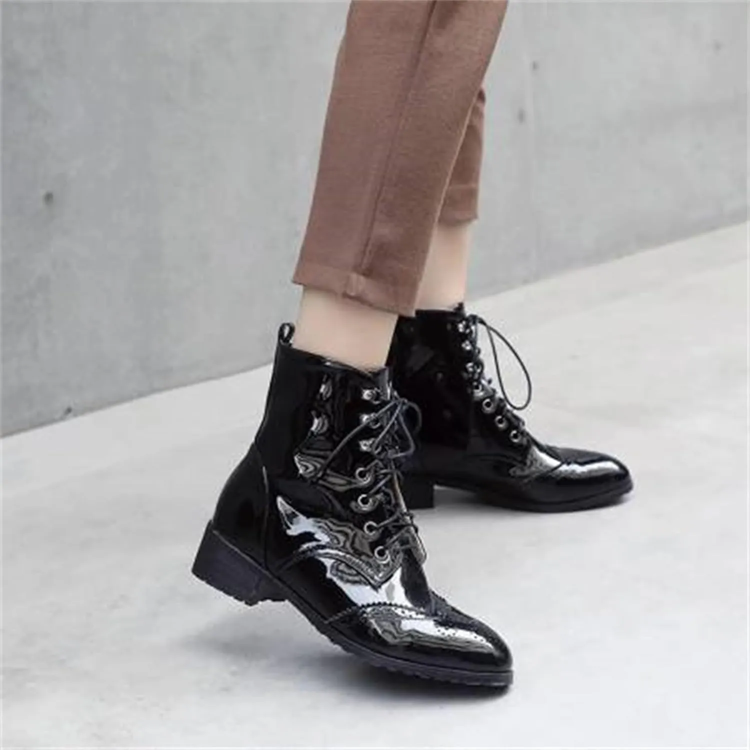 Women's Brogue Combat Ankle High Booties Platform Mid Block Heeled Pointed Toe Formal Lace Up Elegant Business Dress Bridal Church Boots Warm Winter Fall Comfy Shoes