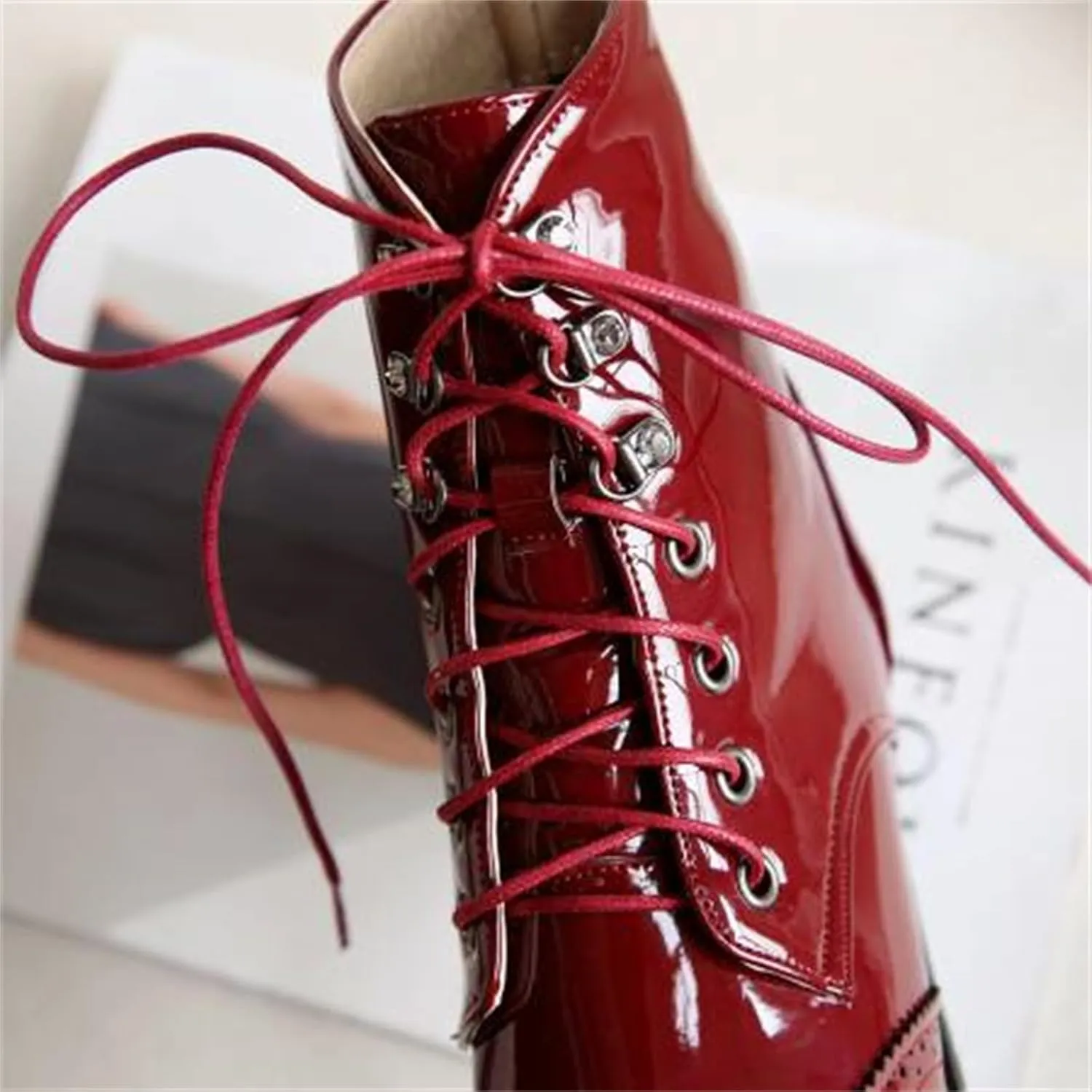 Women's Brogue Combat Ankle High Booties Platform Mid Block Heeled Pointed Toe Formal Lace Up Elegant Business Dress Bridal Church Boots Warm Winter Fall Comfy Shoes