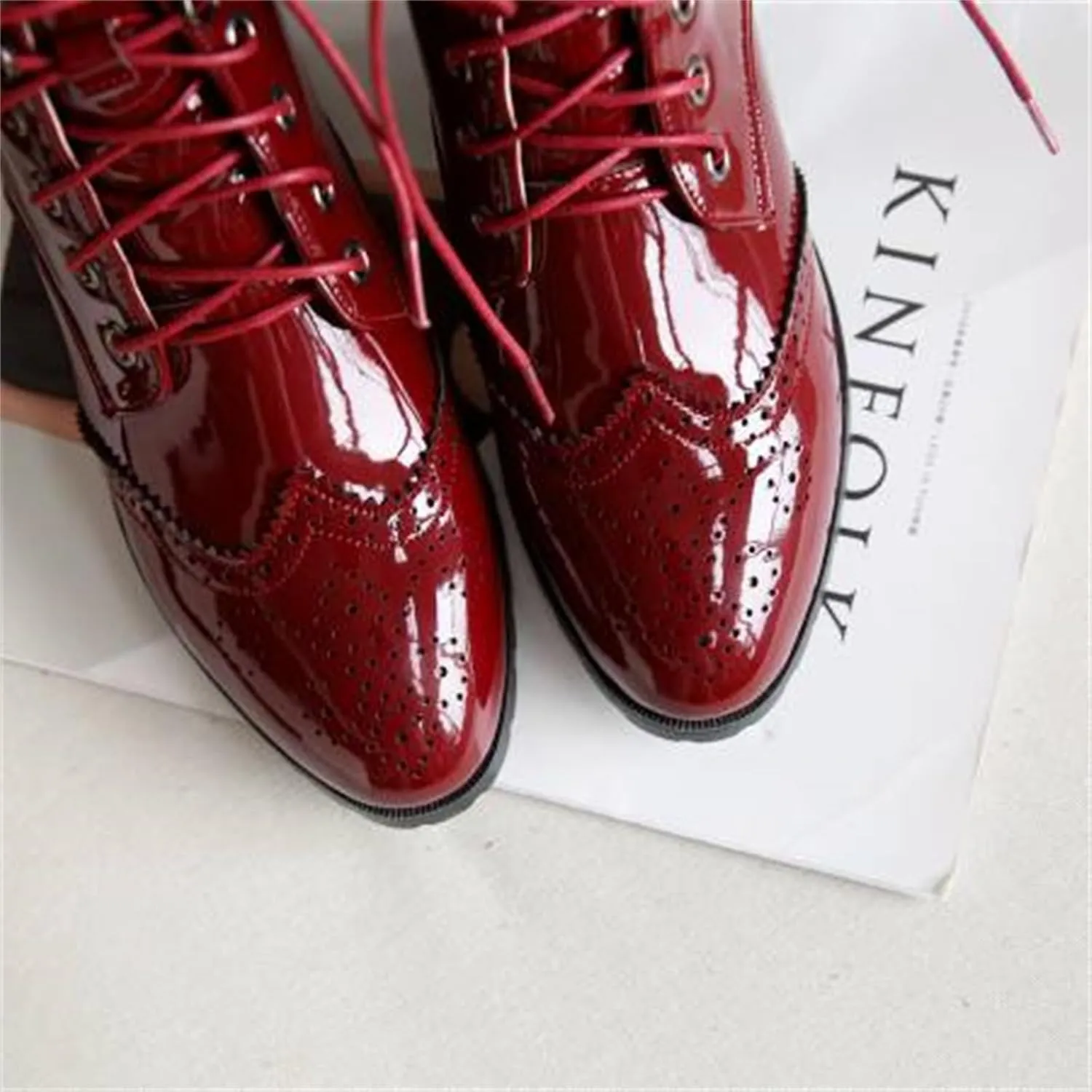 Women's Brogue Combat Ankle High Booties Platform Mid Block Heeled Pointed Toe Formal Lace Up Elegant Business Dress Bridal Church Boots Warm Winter Fall Comfy Shoes