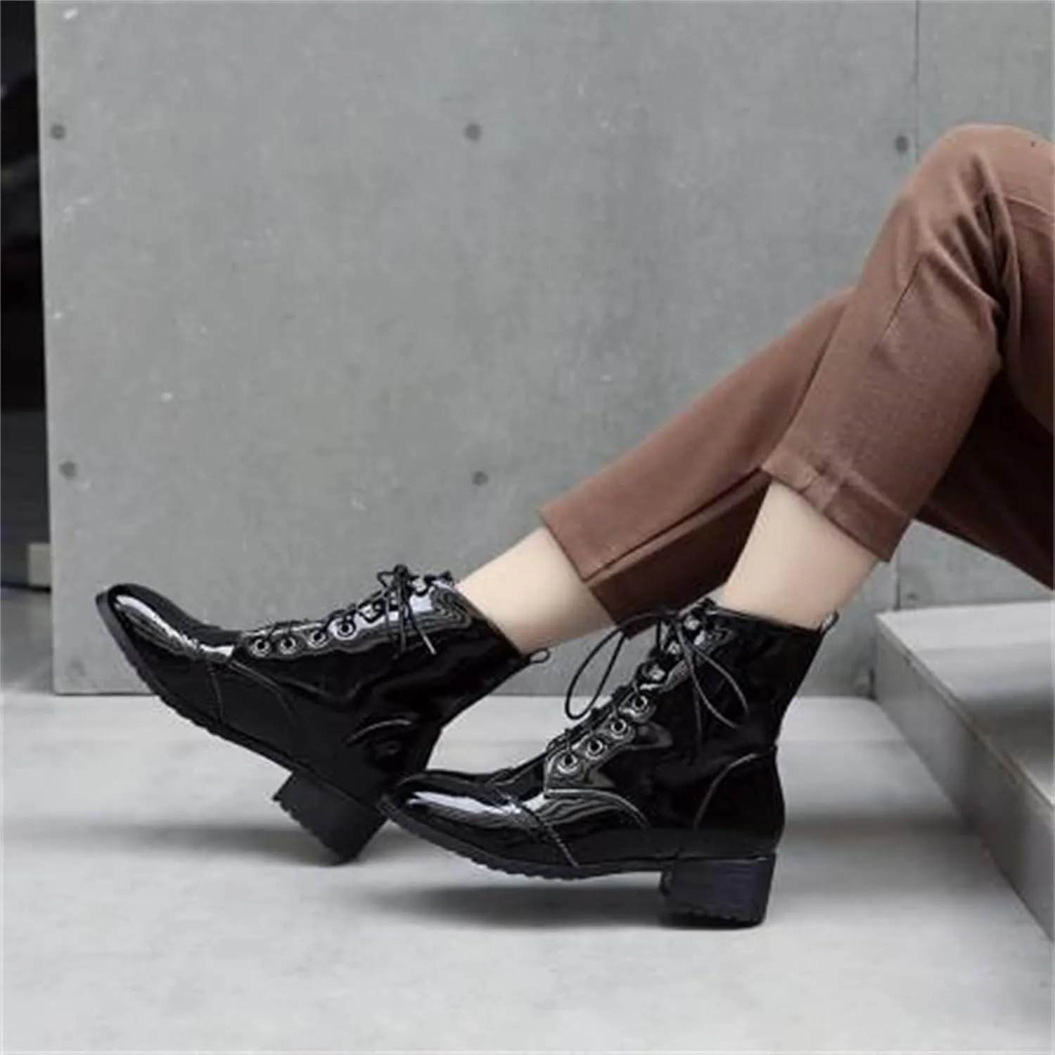 Women's Brogue Combat Ankle High Booties Platform Mid Block Heeled Pointed Toe Formal Lace Up Elegant Business Dress Bridal Church Boots Warm Winter Fall Comfy Shoes