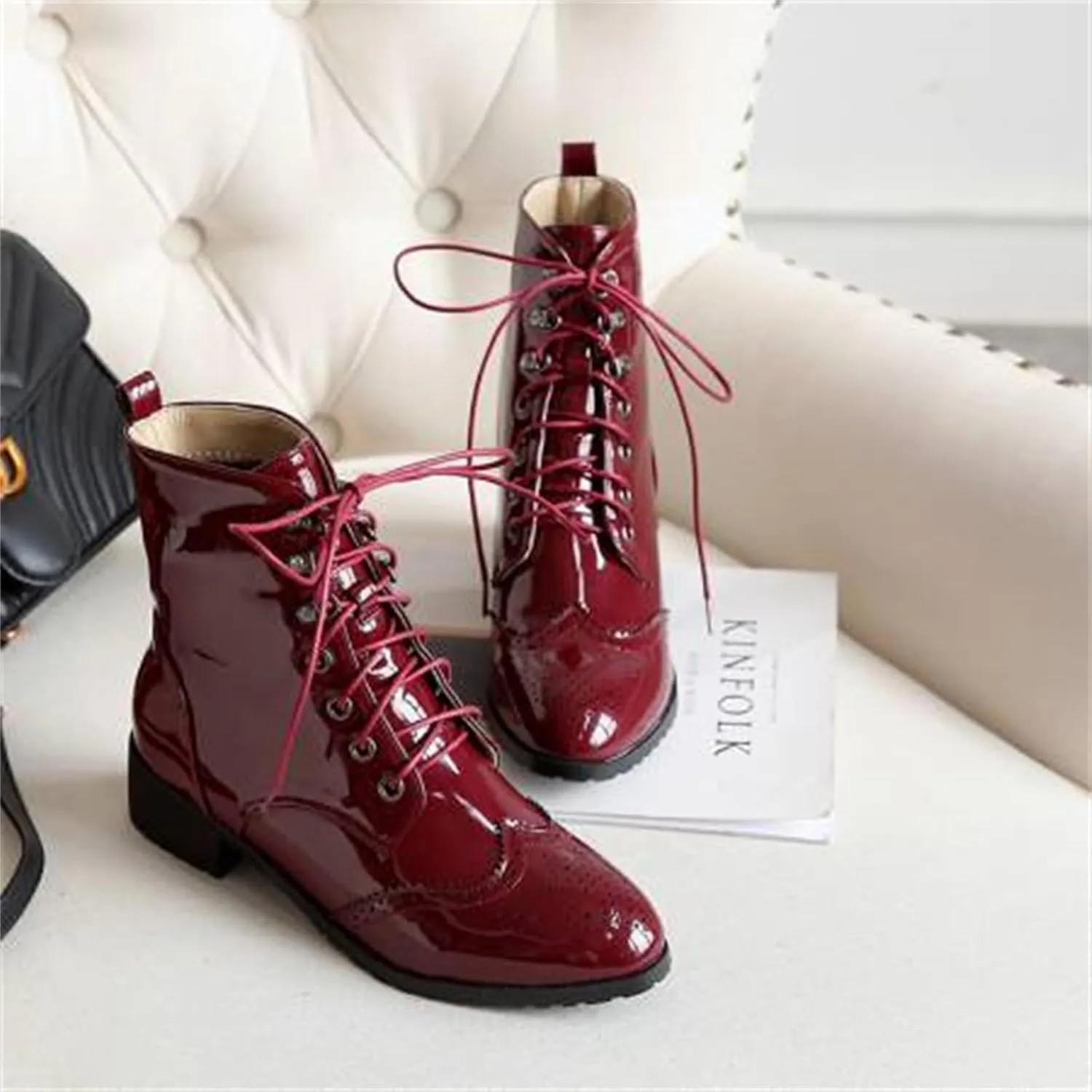 Women's Brogue Combat Ankle High Booties Platform Mid Block Heeled Pointed Toe Formal Lace Up Elegant Business Dress Bridal Church Boots Warm Winter Fall Comfy Shoes